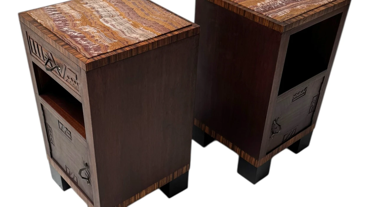 Two Art Deco Nightstands or Bedside Tables with Multi-Colored Marble Tops, 1930s